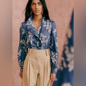 Sézane RARE Chlo Blouse in Blue Ecru 100% Organic Cotton Size 40/US 8